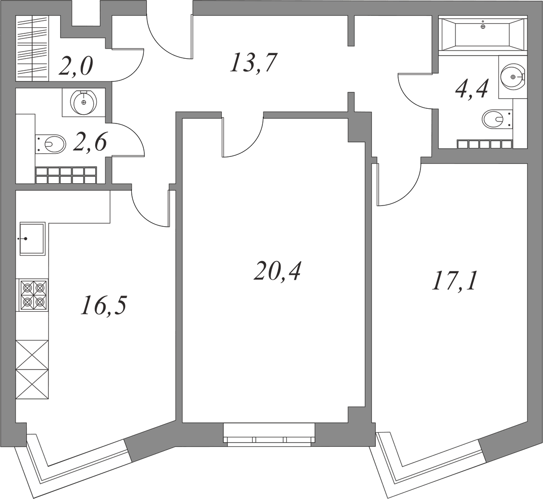 План квартиры №5.5.118 с 2 спальнями на 5 этаже 2А корпуса Royal Park