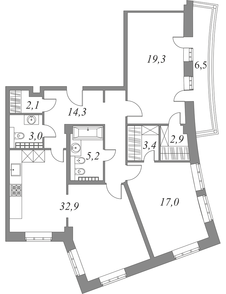 План квартиры №5.6.121 с 3 спальнями на 6 этаже 2А корпуса Royal Park