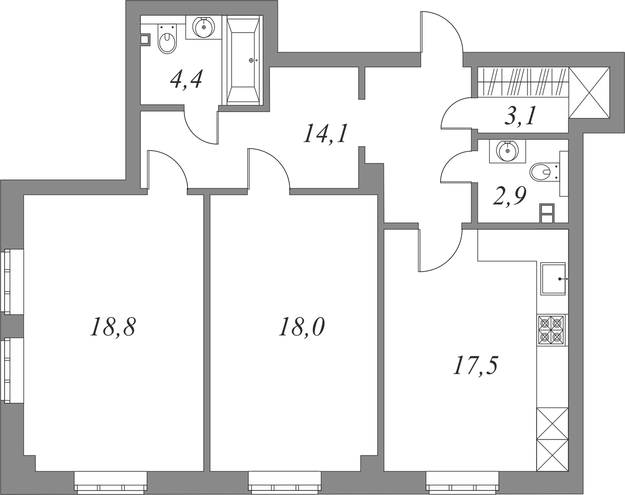 План квартиры №6.1.125 с 2 спальнями на 1 этаже 2Б корпуса Royal Park