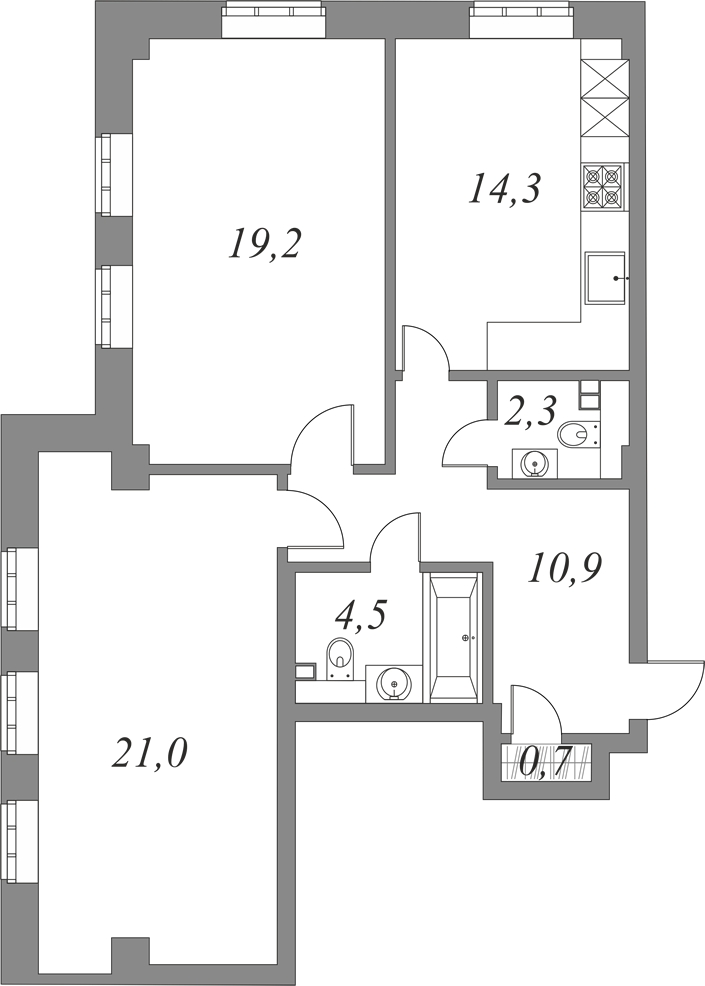 План квартиры №6.1.126 с 2 спальнями на 1 этаже 2Б корпуса Royal Park