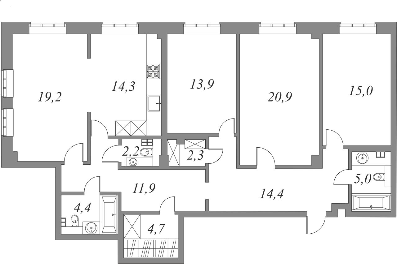 План квартиры №6.2.132 с 3 спальнями на 2 этаже 2Б корпуса Royal Park