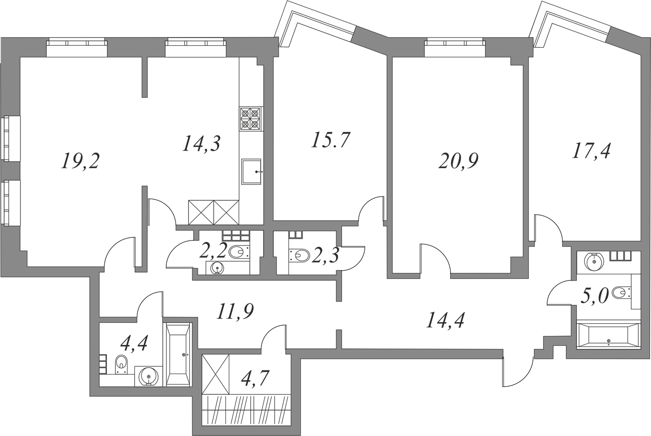 План квартиры №6.3.137 с 3 спальнями на 3 этаже 2Б корпуса Royal Park