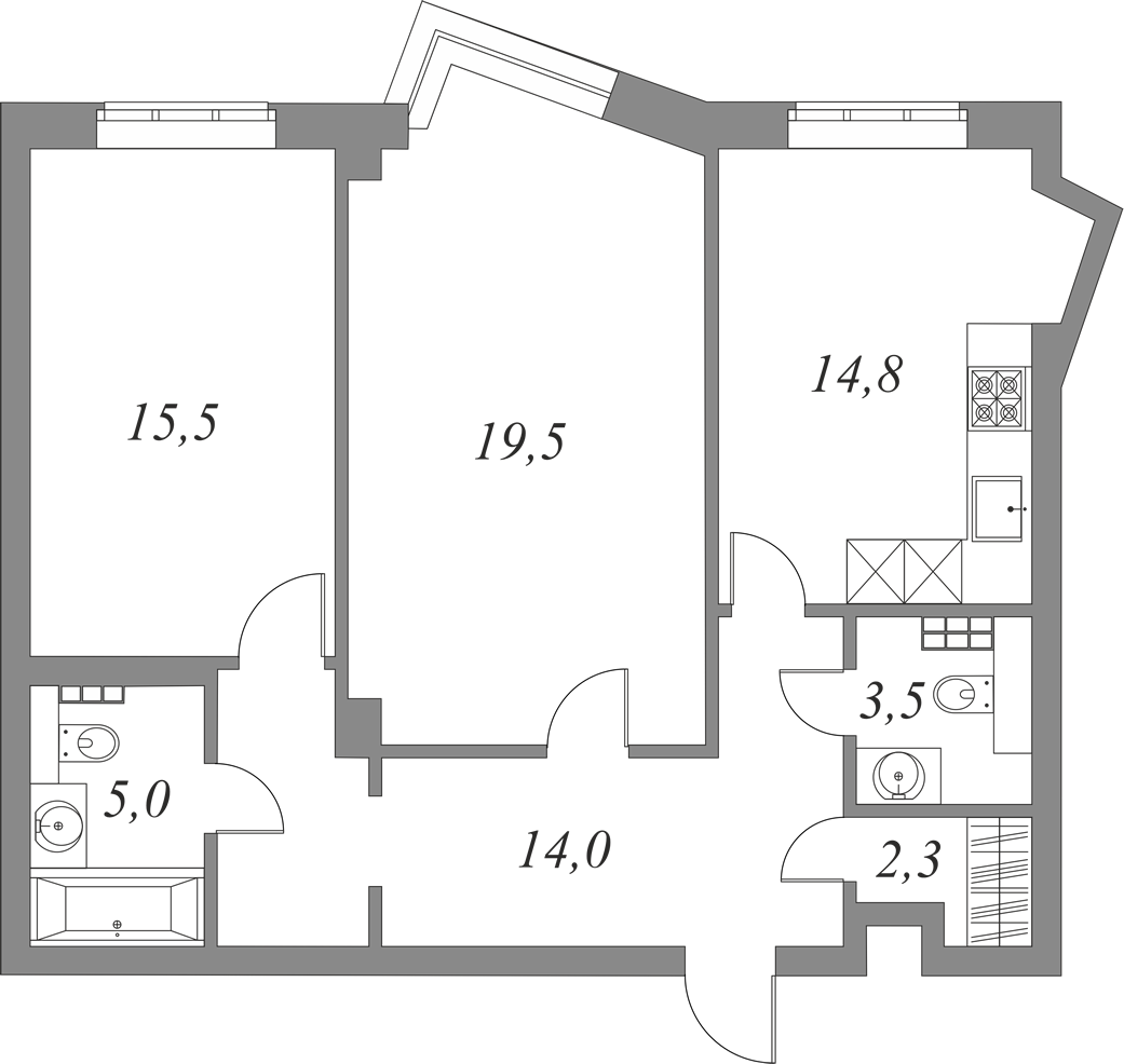 План квартиры №6.3.138 с 2 спальнями на 3 этаже 2Б корпуса Royal Park