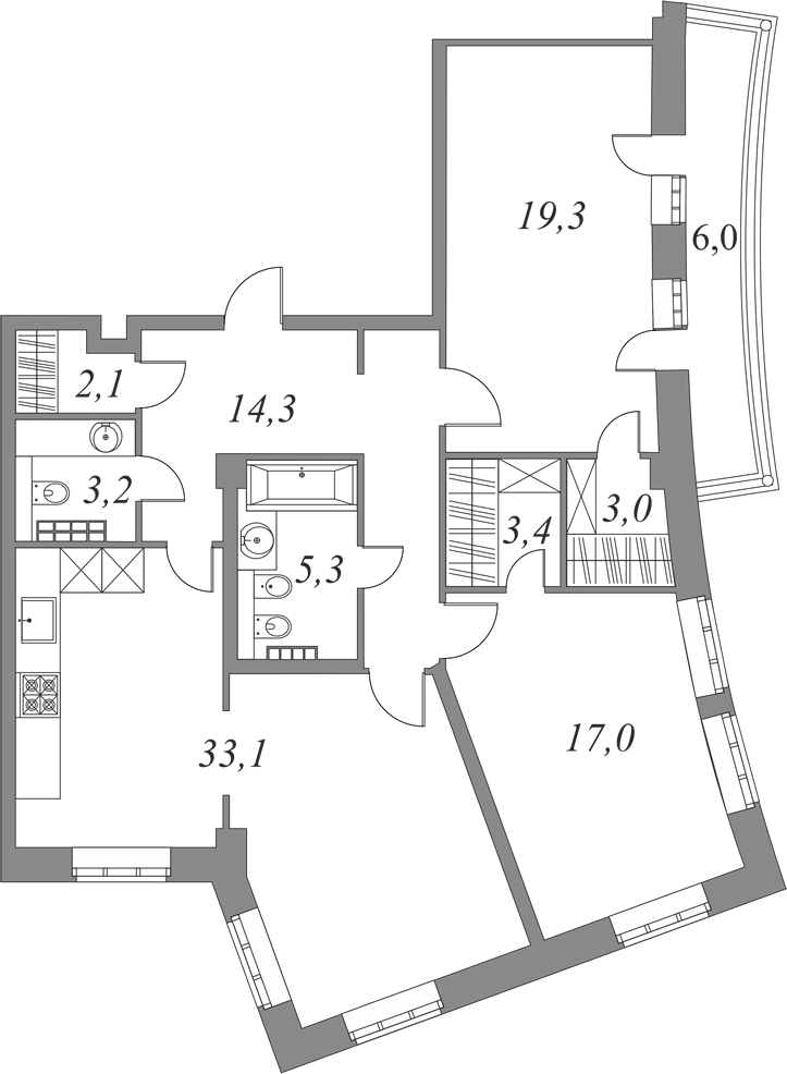 План квартиры №6.4.139 с 3 спальнями на 4 этаже 2Б корпуса Royal Park