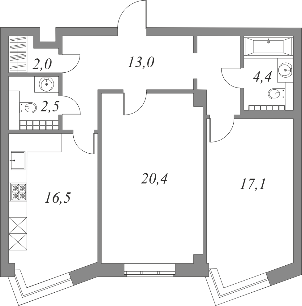 План квартиры №6.6.150 с 2 спальнями на 6 этаже 2Б корпуса Royal Park