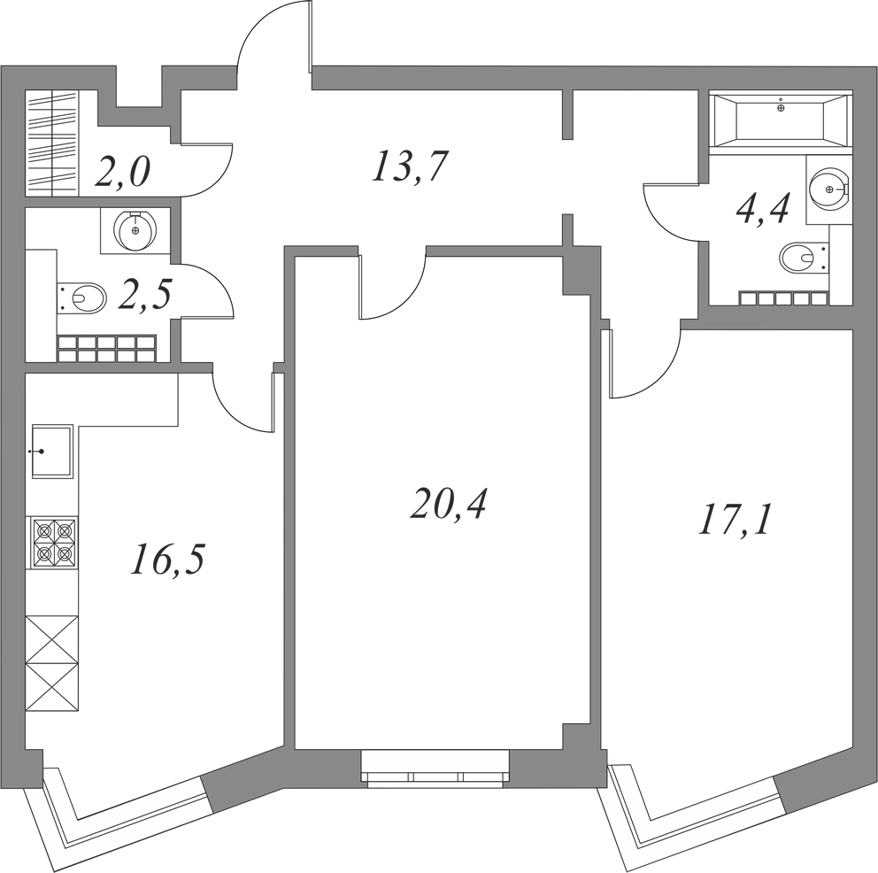 План квартиры №7.5.170 с 2 спальнями на 5 этаже 2В корпуса Royal Park