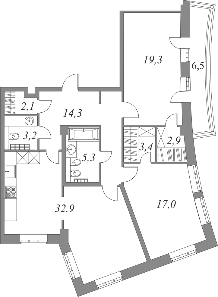 План квартиры №9.4.213 с 3 спальнями на 4 этаже 2Г корпуса Royal Park