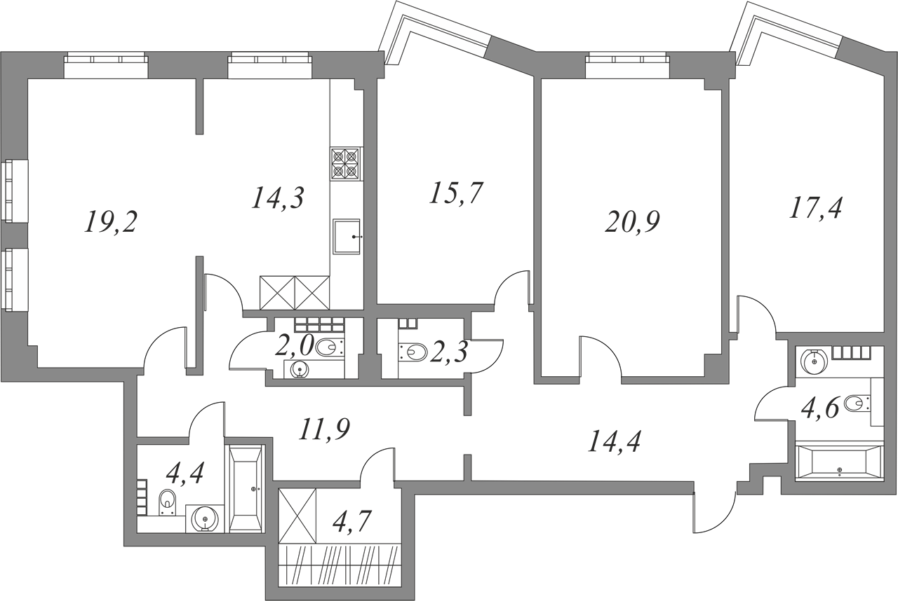 План квартиры №9.4.216 с 3 спальнями на 4 этаже 2Г корпуса Royal Park