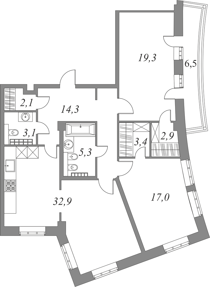 План квартиры №9.5.218 с 3 спальнями на 5 этаже 2Г корпуса Royal Park
