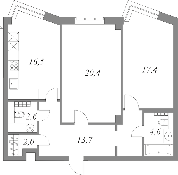 План квартиры №10.4.241 с 2 спальнями на 4 этаже 2Д корпуса Royal Park