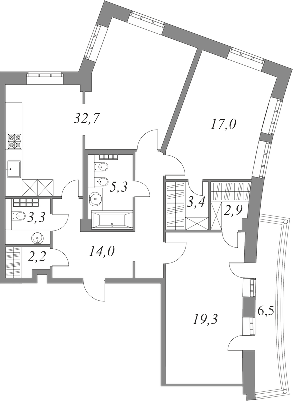 План квартиры №10.4.242 с 3 спальнями на 4 этаже 2Д корпуса Royal Park