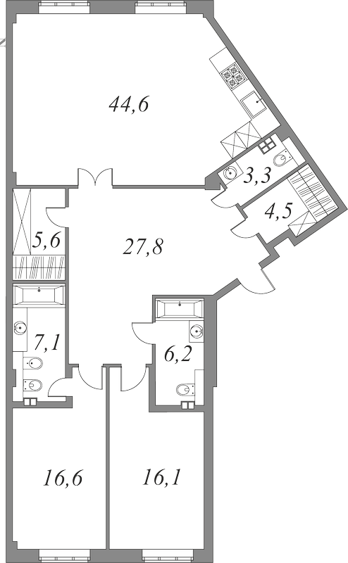 План квартиры №11.2.253 с 2 спальнями на 2 этаже 2Д корпуса Royal Park