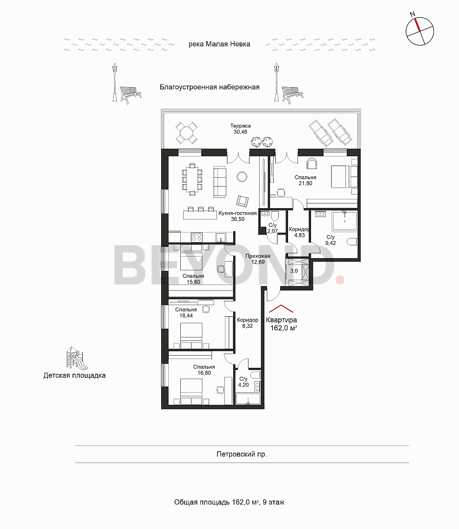 План квартиры №1068 с 4 спальнями на 9 этаже 3 корпуса ЖК NEVA HAUS