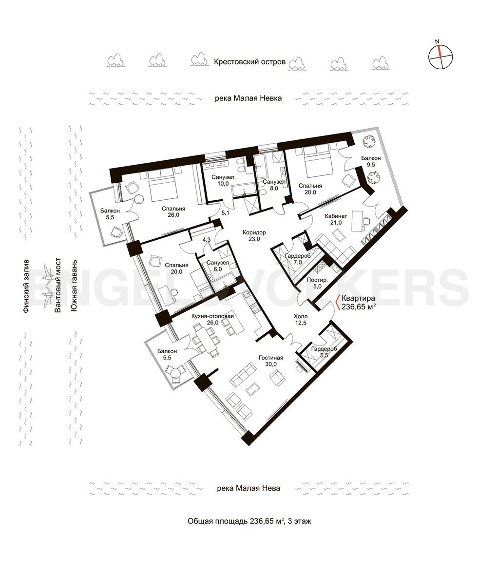 План квартиры №1033 с 5 спальнями на 3 этаже Б корпуса ЖК "Петровская Доминанта"