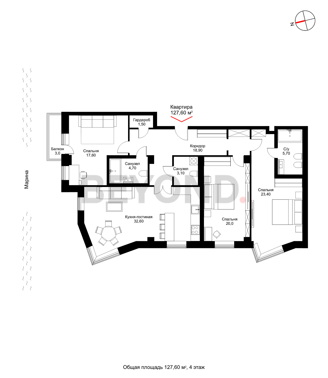 План квартиры №1064 с 3 спальнями на 4 этаже 1 корпуса Royal Park
