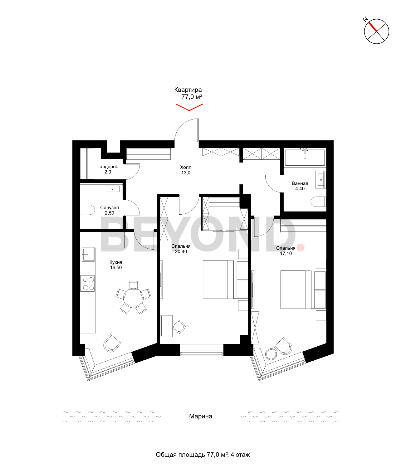 План квартиры №1066 с 2 спальнями на 4 этаже 1 корпуса Royal Park
