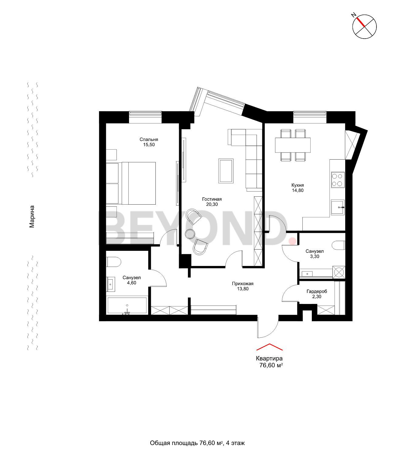 План квартиры №1067 с 2 спальнями на 4 этаже 1 корпуса Royal Park